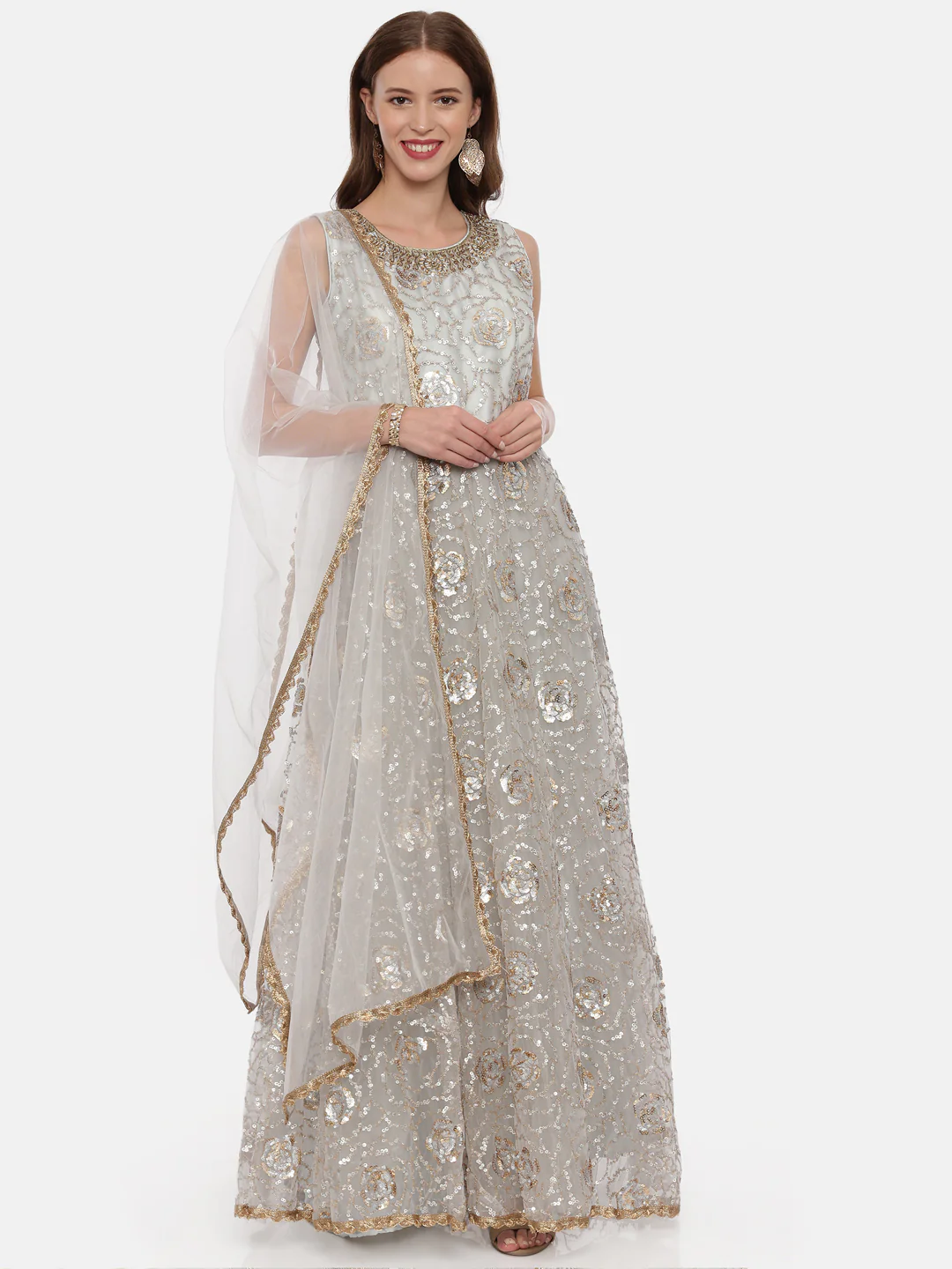 Neerus Grey Embellished Kurta With Pant & Dupatta
