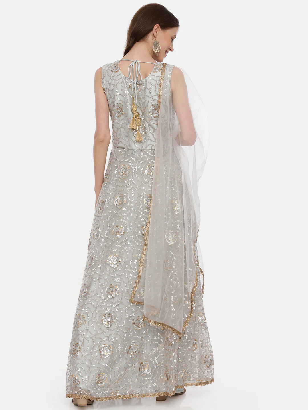 Neerus Grey Embellished Kurta With Pant & Dupatta - Image 3