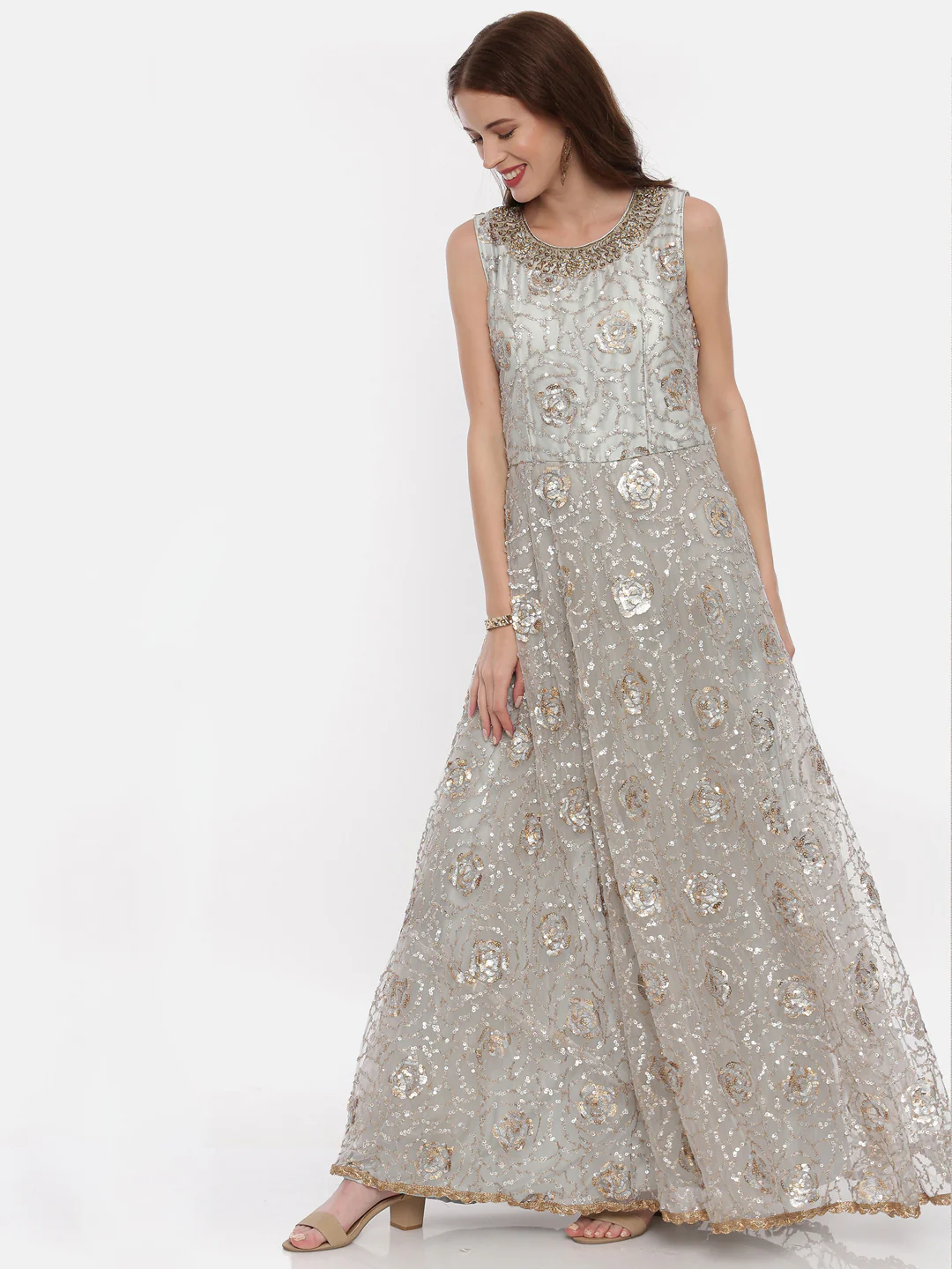 Neerus Grey Embellished Kurta With Pant & Dupatta - Image 5