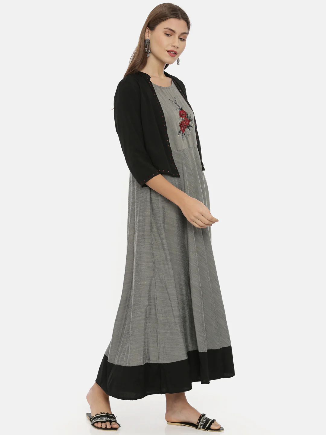 Neerus Grey Embroidered Anarkali Kurta - Image 4