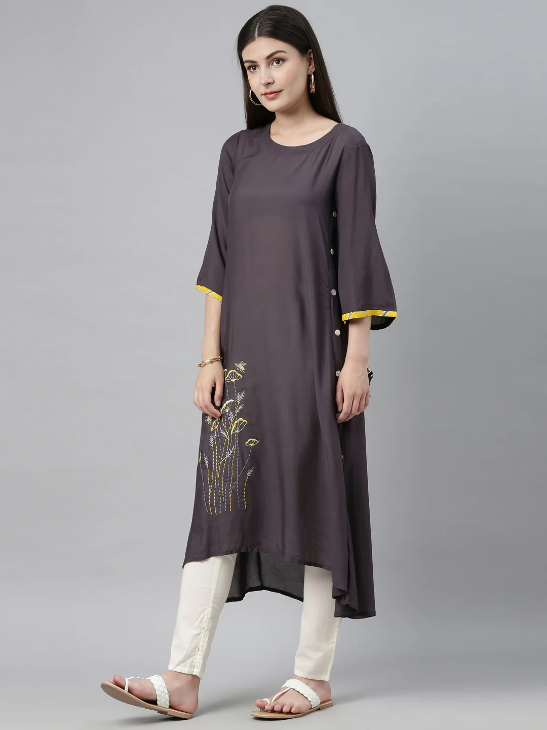 Neerus Grey Embroidered High Low Kurta - Image 5