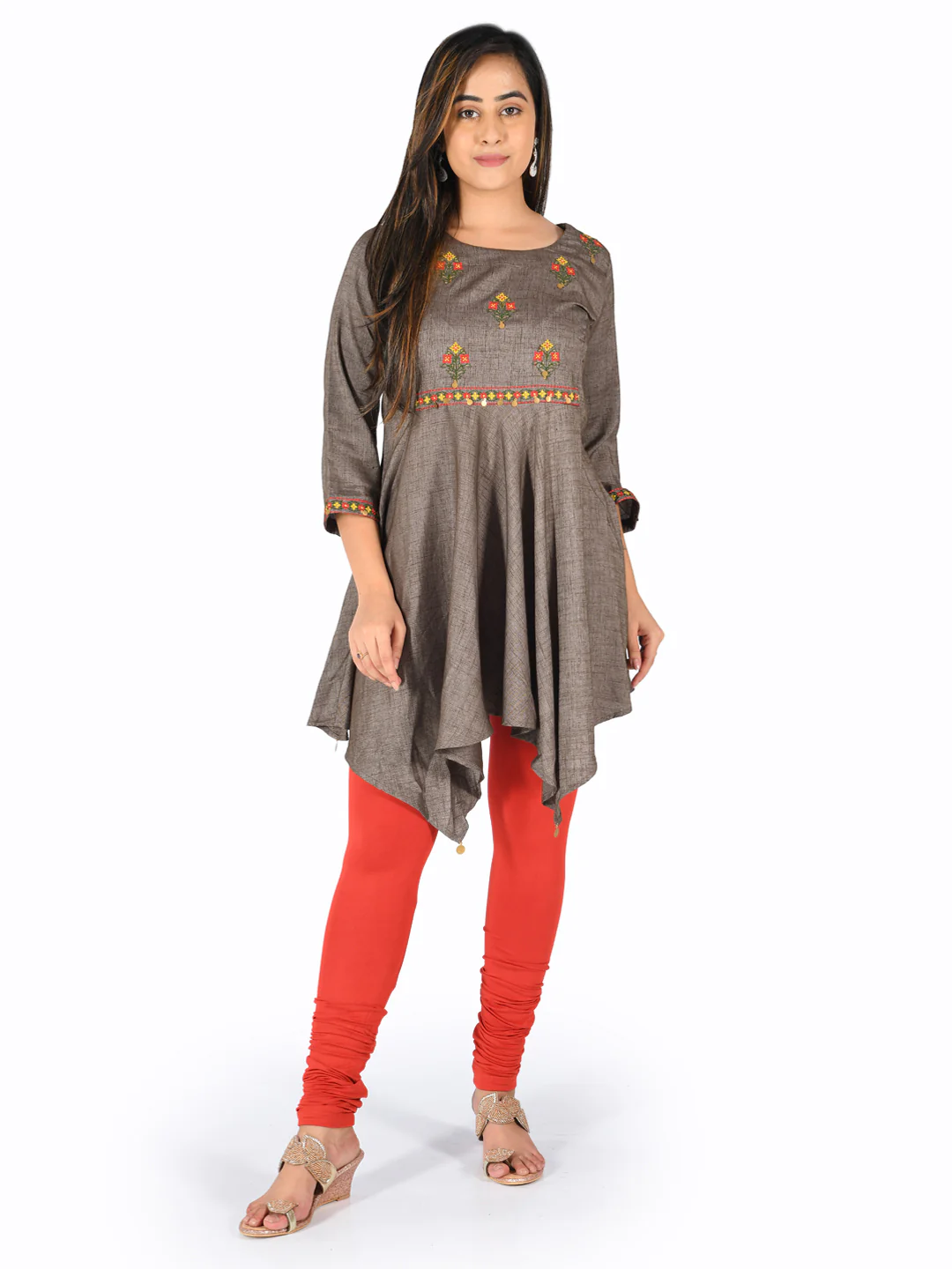 Neerus Grey Embroidered High Low Kurta - Image 7