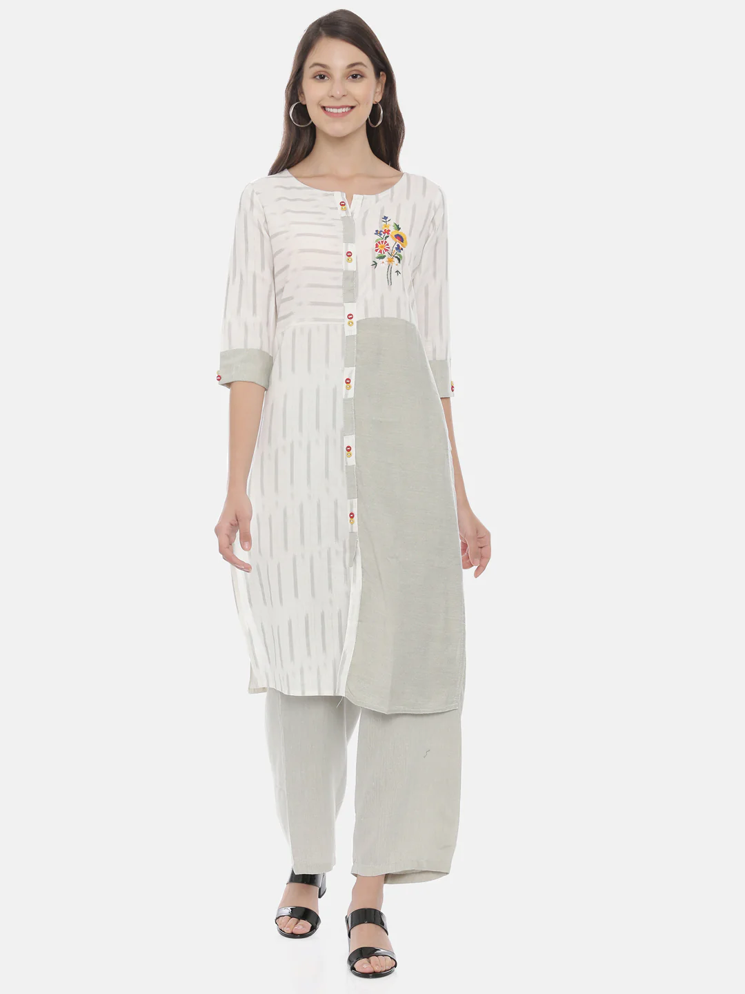 Neerus Grey Embroidered Kurta & Palazzo Set