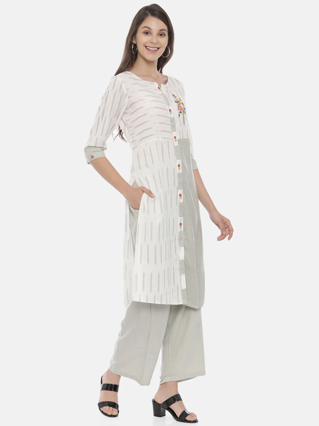Neerus Grey Embroidered Kurta & Palazzo Set - Image 4
