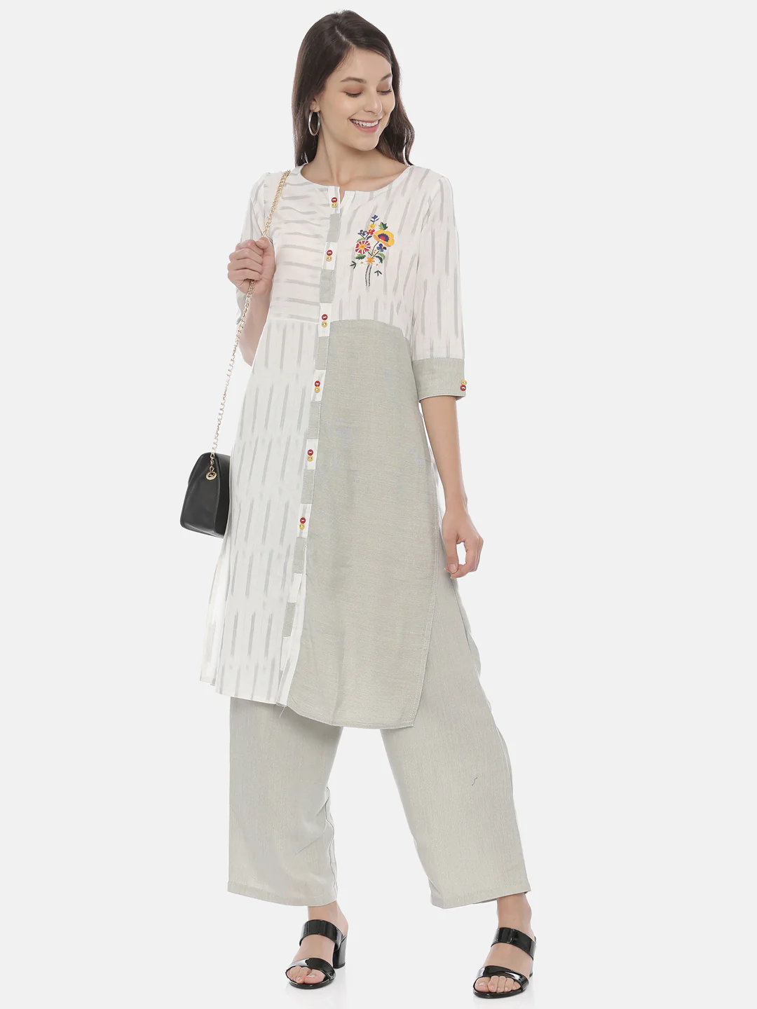 Neerus Grey Embroidered Kurta & Palazzo Set - Image 6