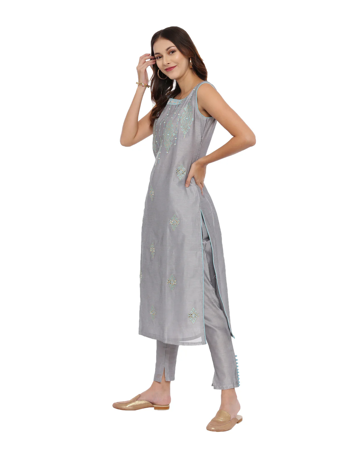 Neerus Grey Embroidered Kurta With Pant & Dupatta - Image 5