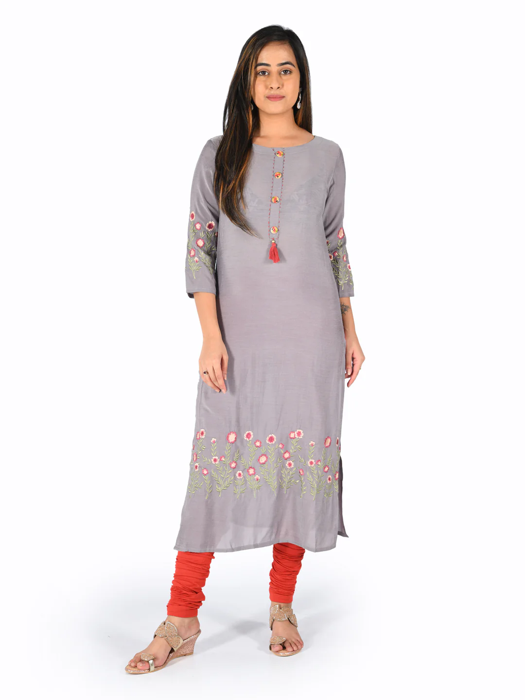 Neerus Grey Embroidered Straight Kurta