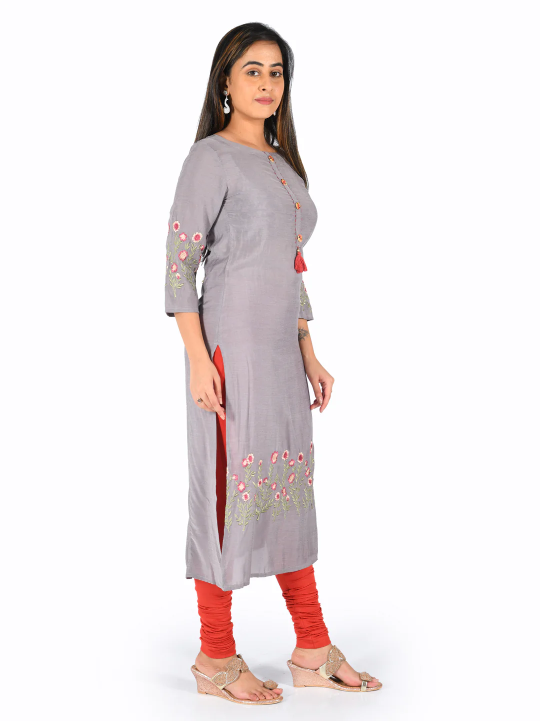 Neerus Grey Embroidered Straight Kurta - Image 2
