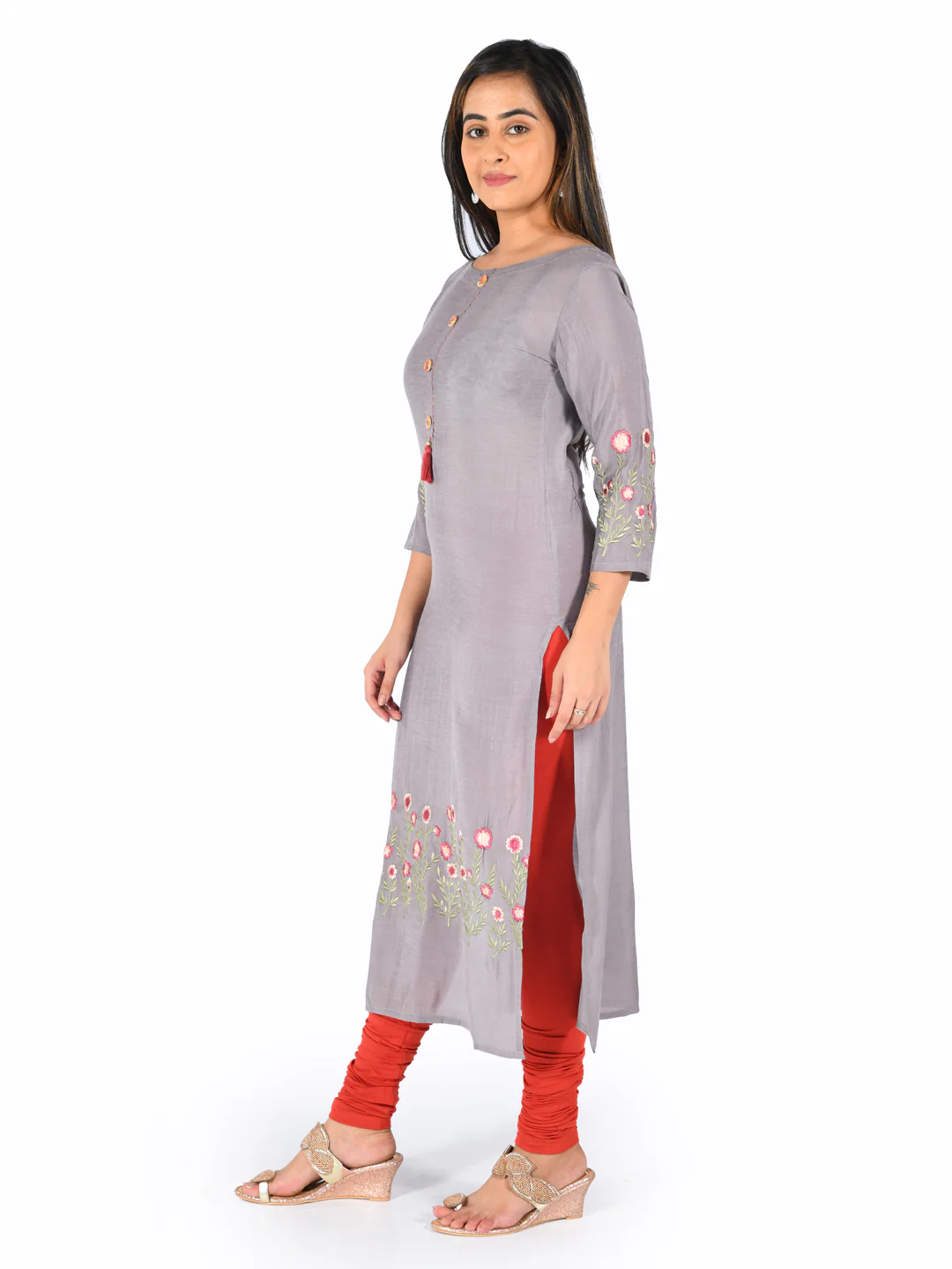 Neerus Grey Embroidered Straight Kurta - Image 3