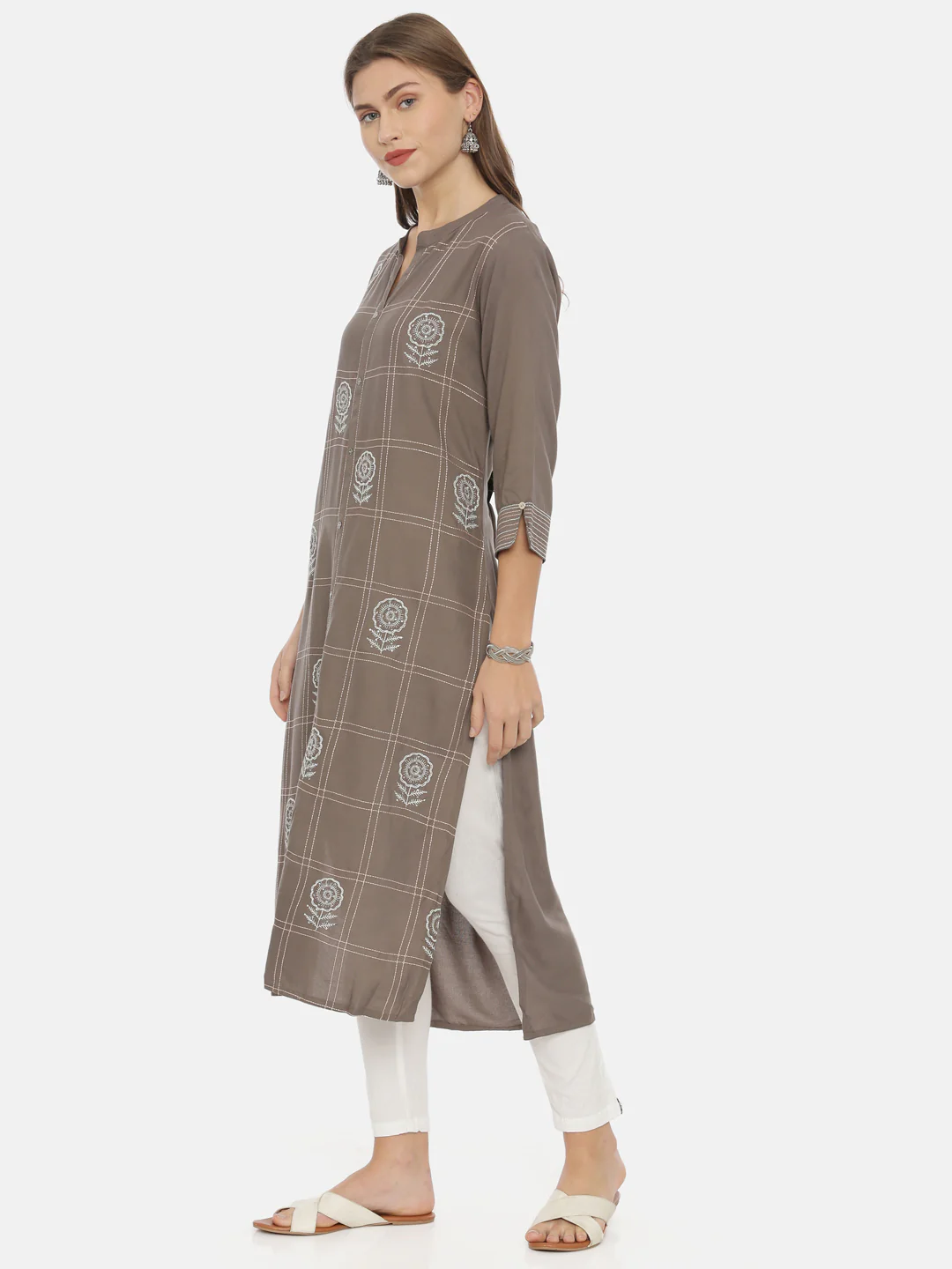 Neerus Grey Embroidered Straight Kurta - Image 3