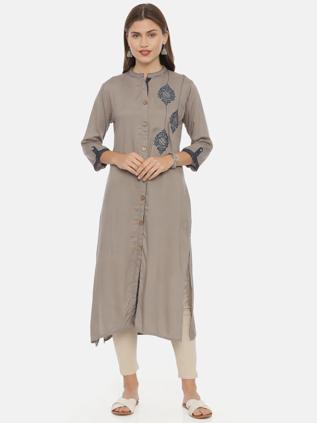 Neerus Grey Embroidered Straight Kurta