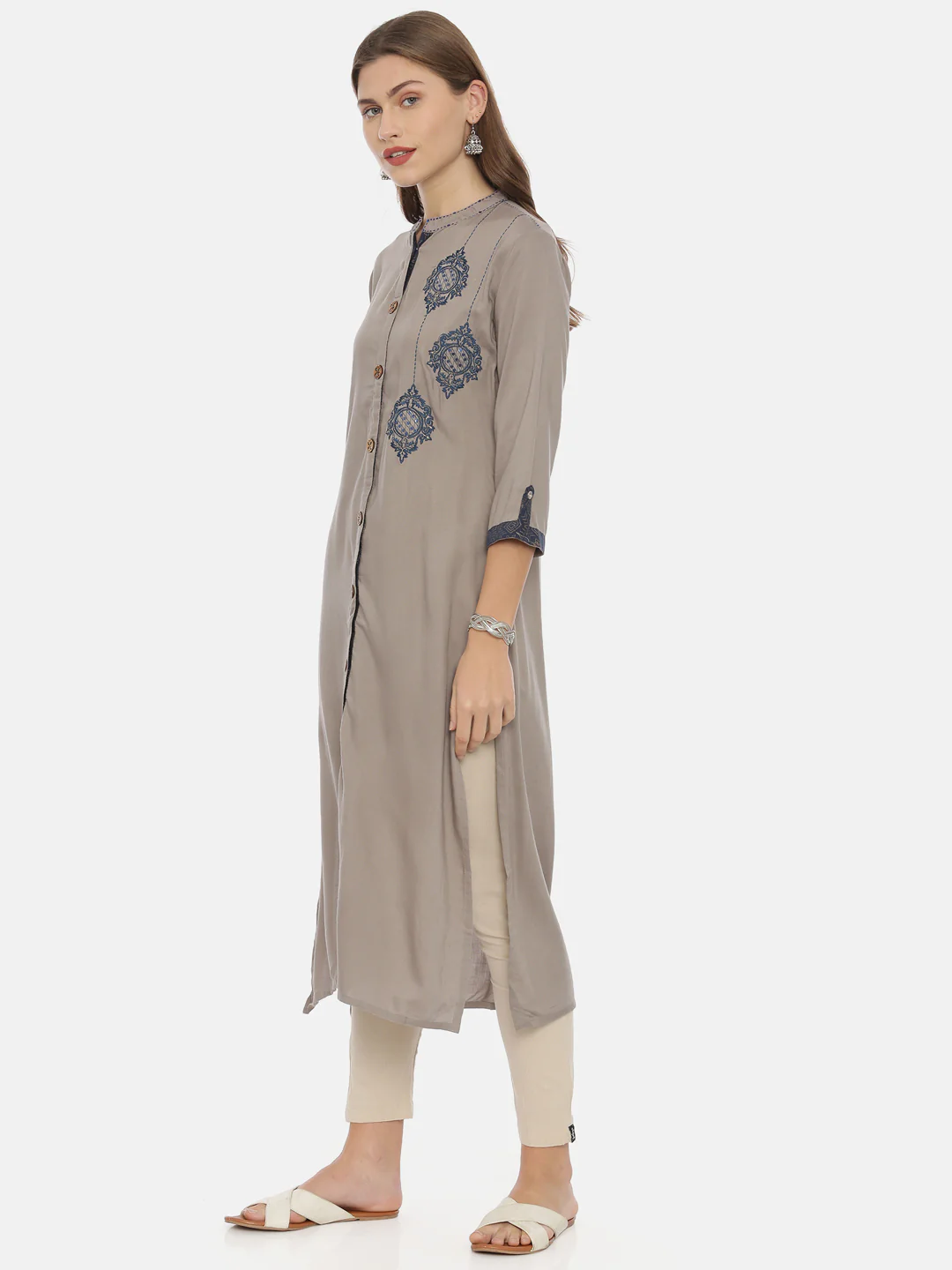 Neerus Grey Embroidered Straight Kurta - Image 3