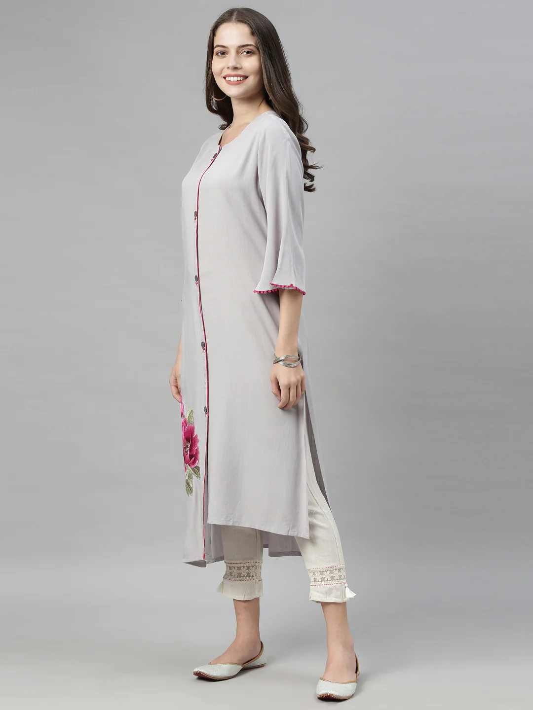 Neerus Grey Embroidered Straight Kurta - Image 10