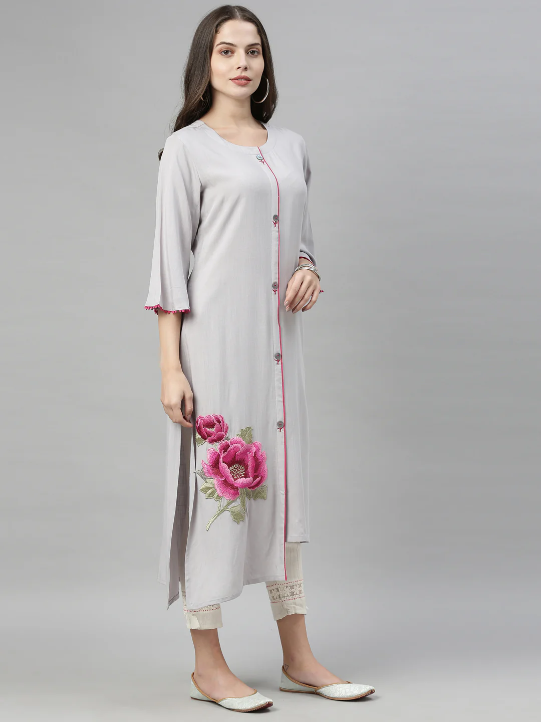 Neerus Grey Embroidered Straight Kurta - Image 11