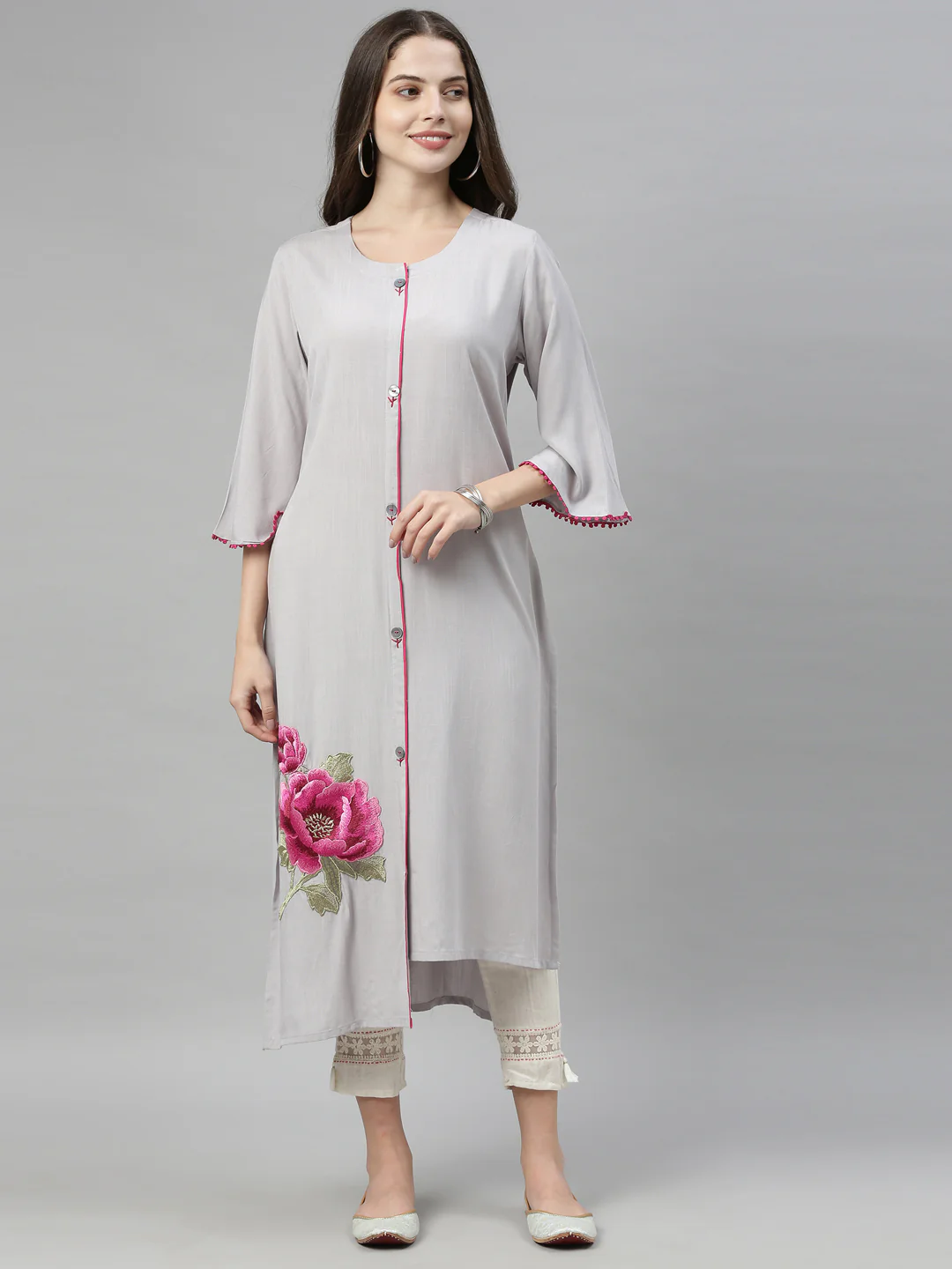 Neerus Grey Embroidered Straight Kurta - Image 13