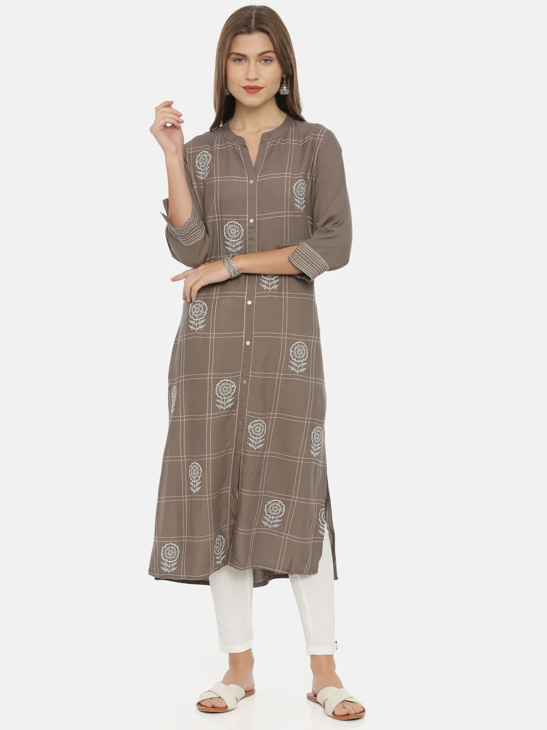 Neerus Grey Embroidered Straight Kurta - Image 6
