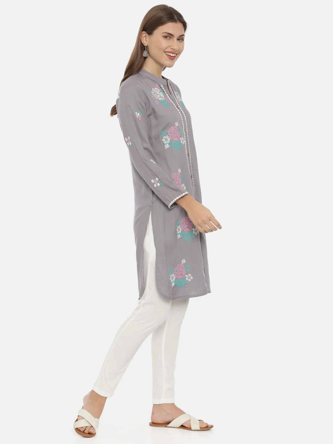 Neerus Grey Embroidered Straight Kurti - Image 4