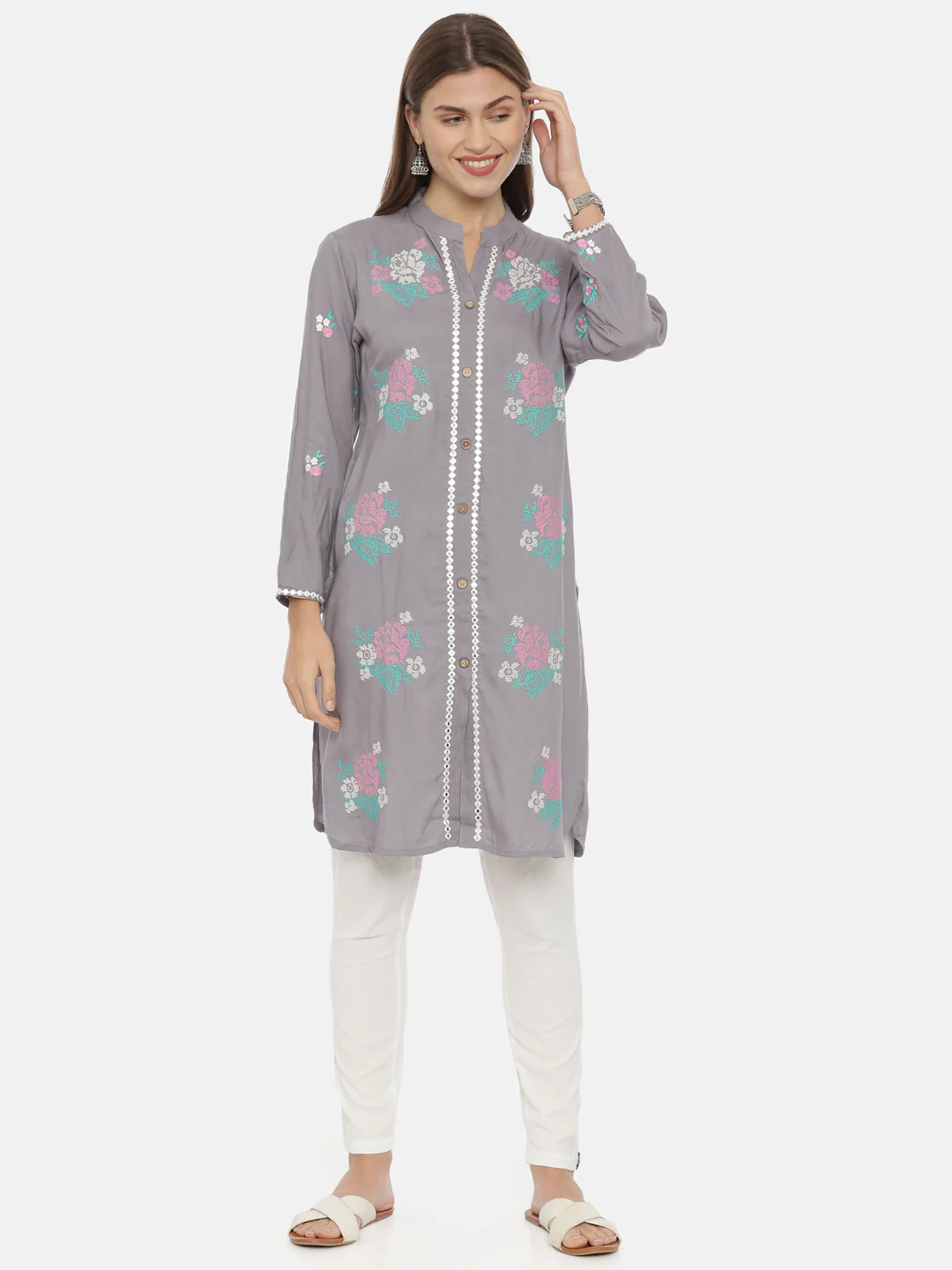 Neerus Grey Embroidered Straight Kurti - Image 6