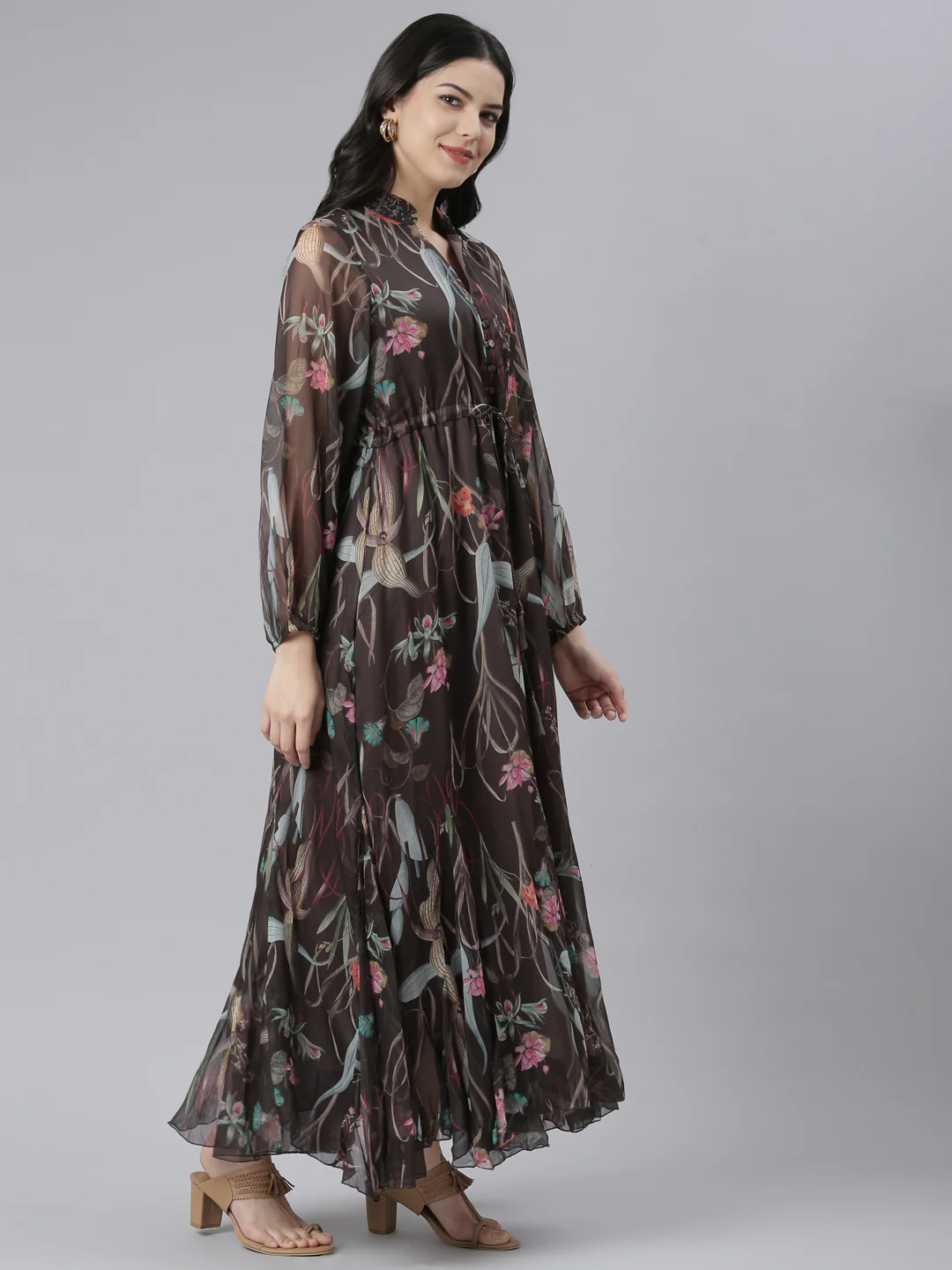 Neerus Grey Flared Casual Floral Dresses - Image 2