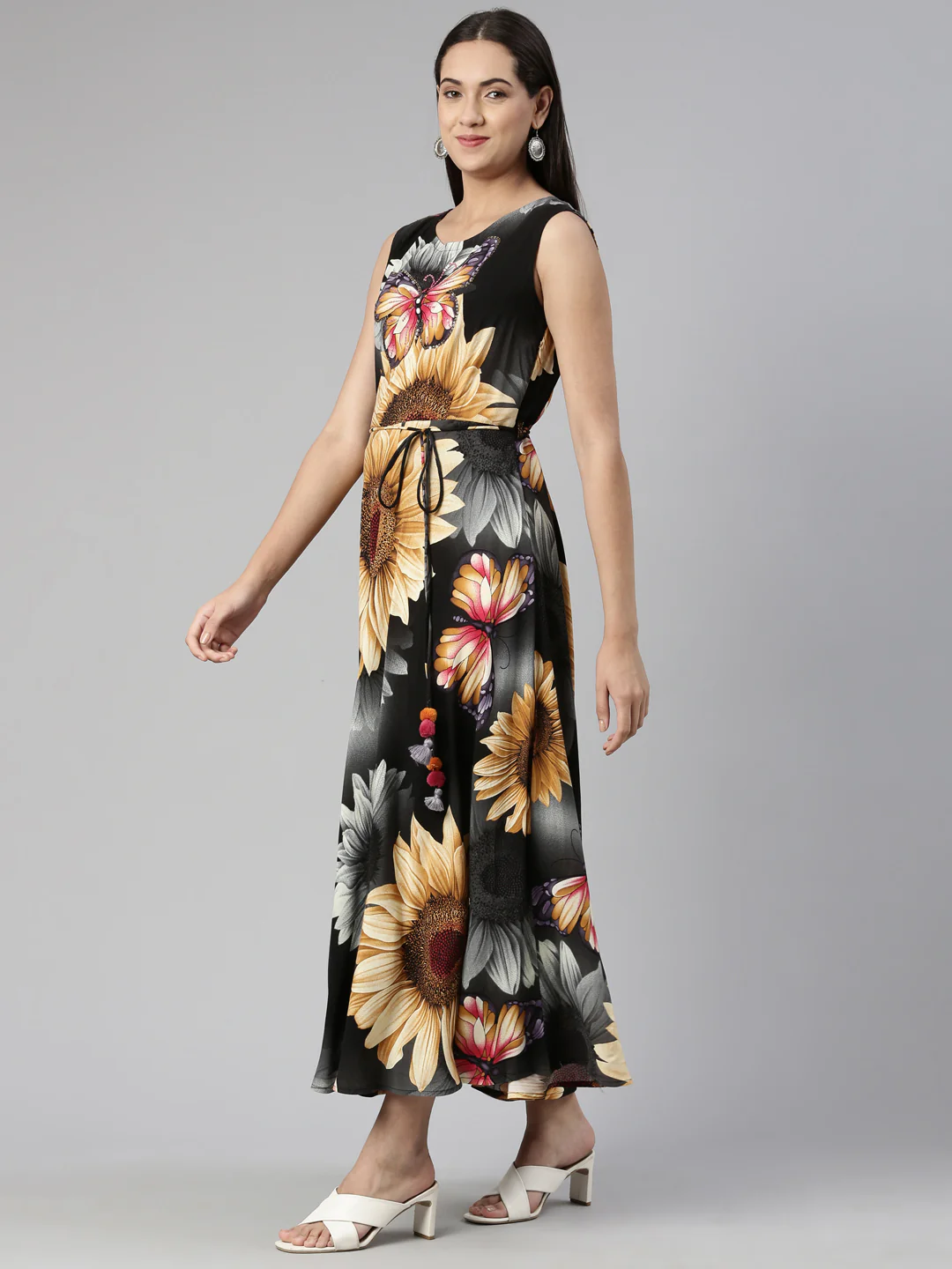 Neerus Grey Floral Ethnic Maxi Maxi Dress - Image 2