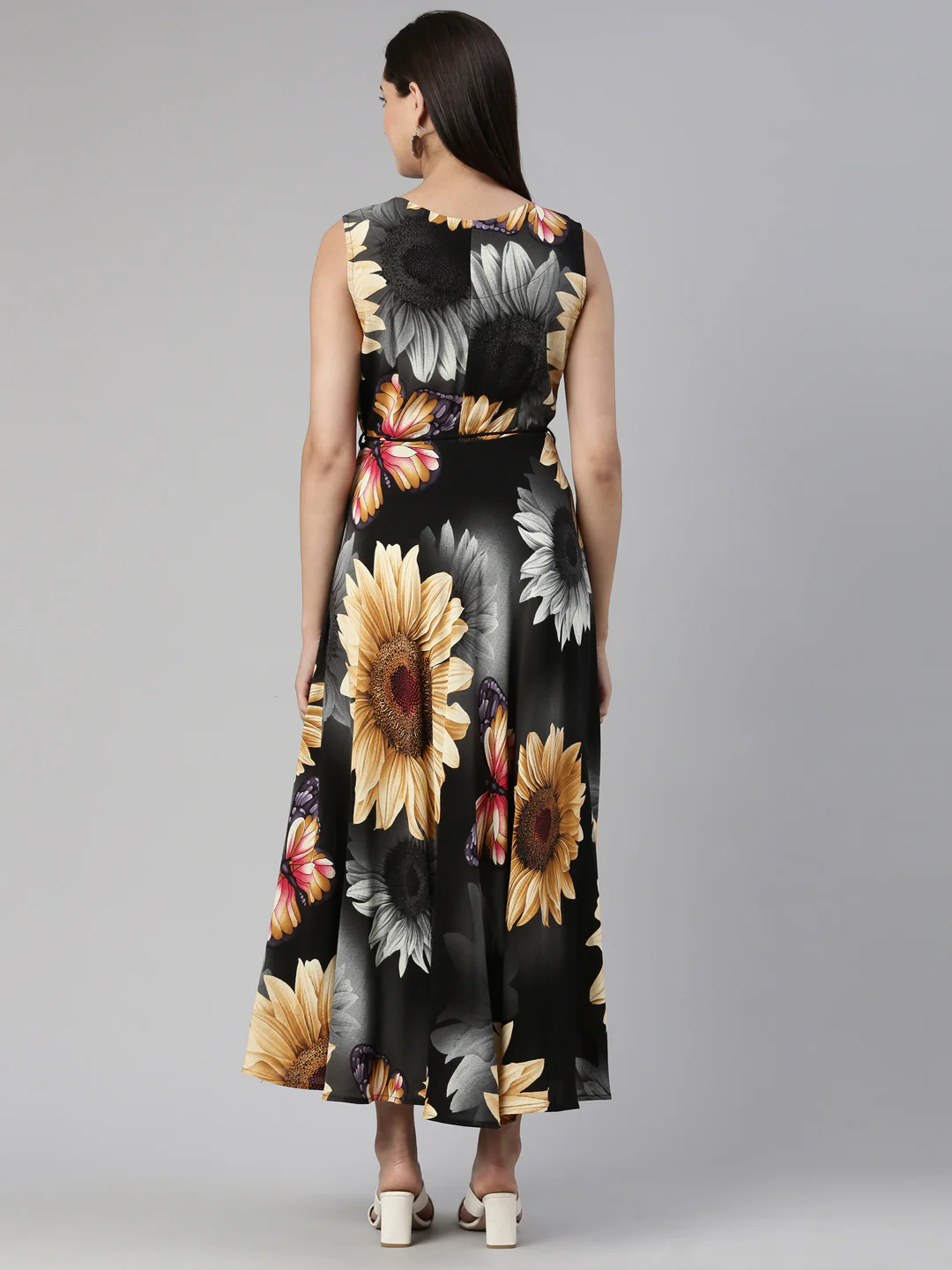 Neerus Grey Floral Ethnic Maxi Maxi Dress - Image 3
