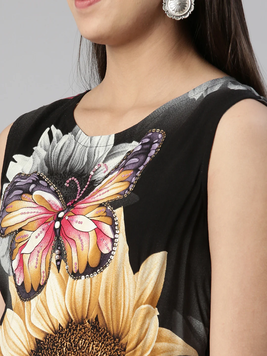 Neerus Grey Floral Ethnic Maxi Maxi Dress - Image 4