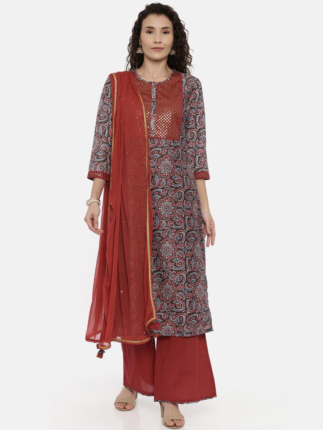 Neerus Grey & Maroon Printed Kurta With Palazzo & Dupatta