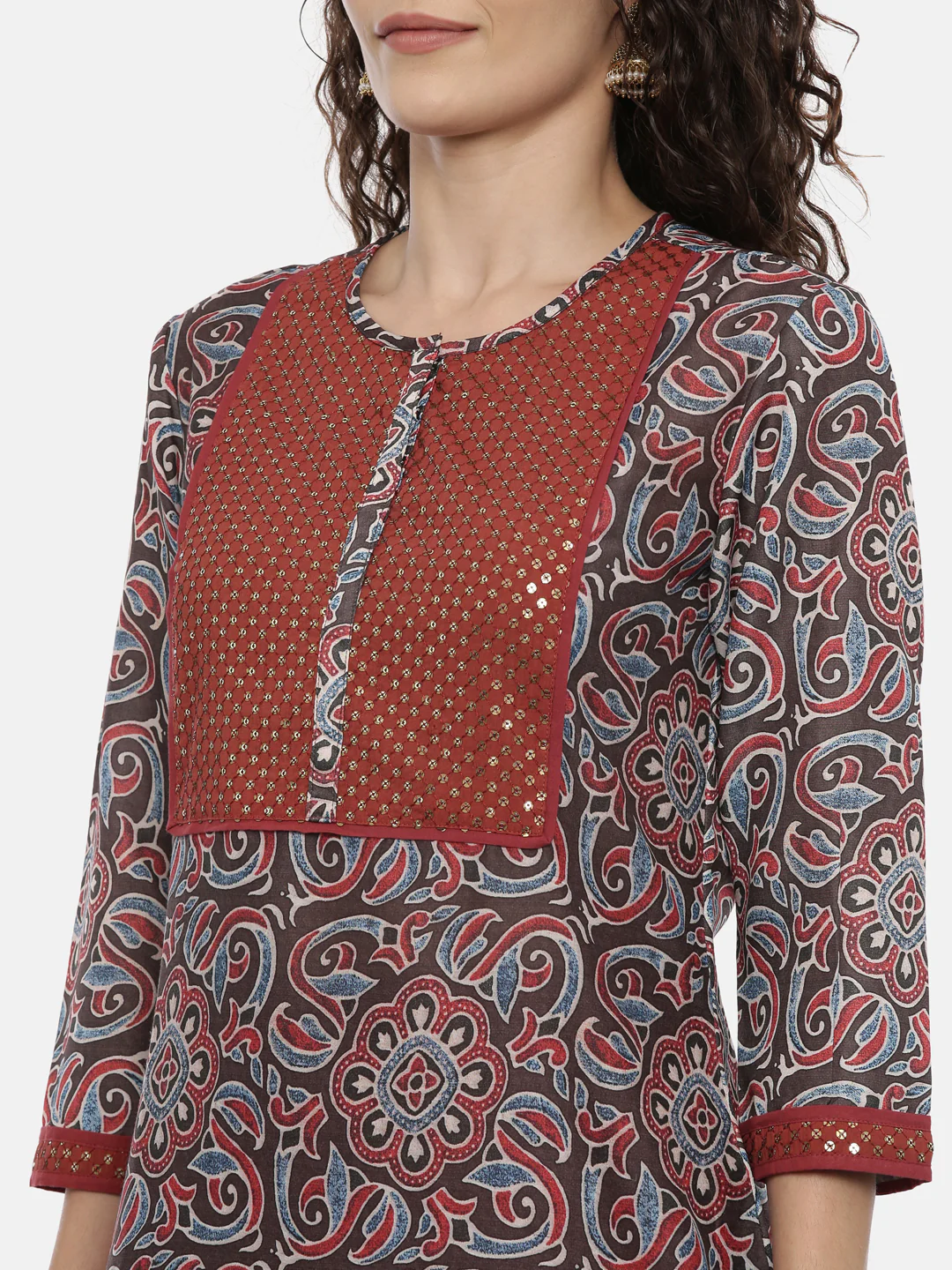 Neerus Grey & Maroon Printed Kurta With Palazzo & Dupatta - Image 2