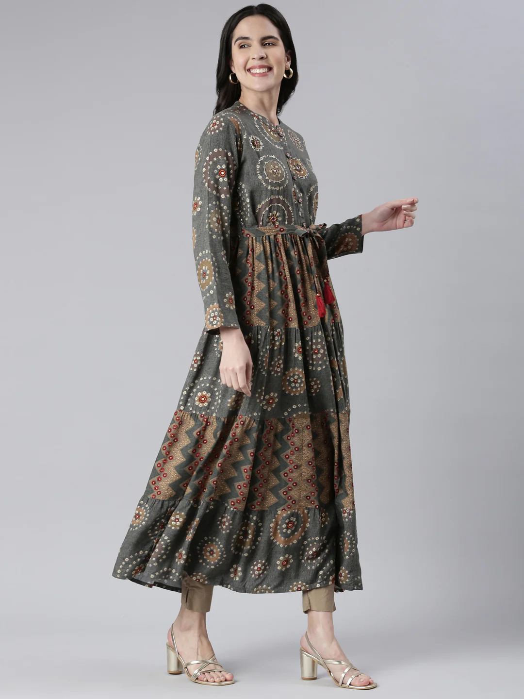 Neerus Grey Maxi Casual Printed Dresses - Image 2