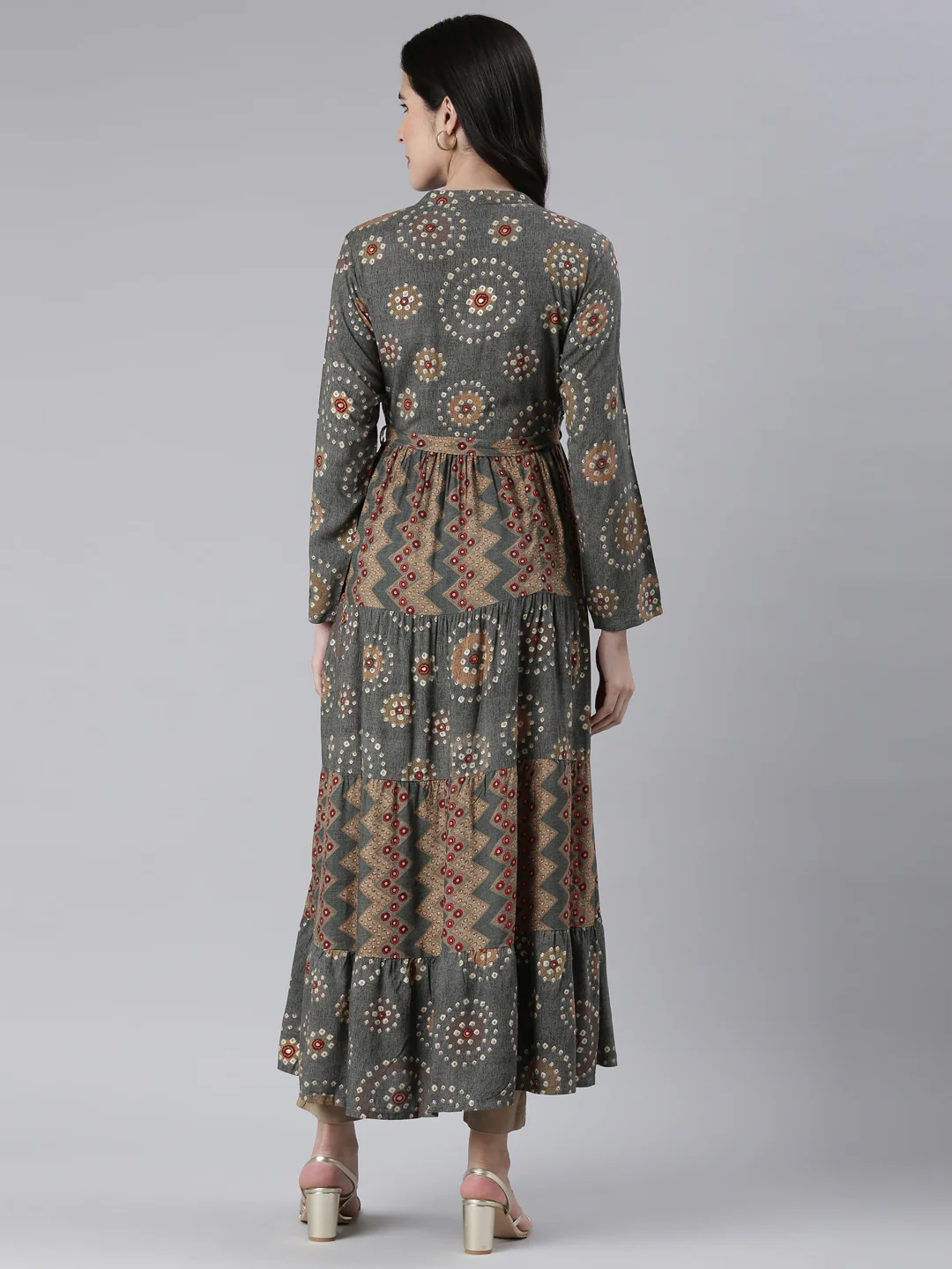 Neerus Grey Maxi Casual Printed Dresses - Image 3