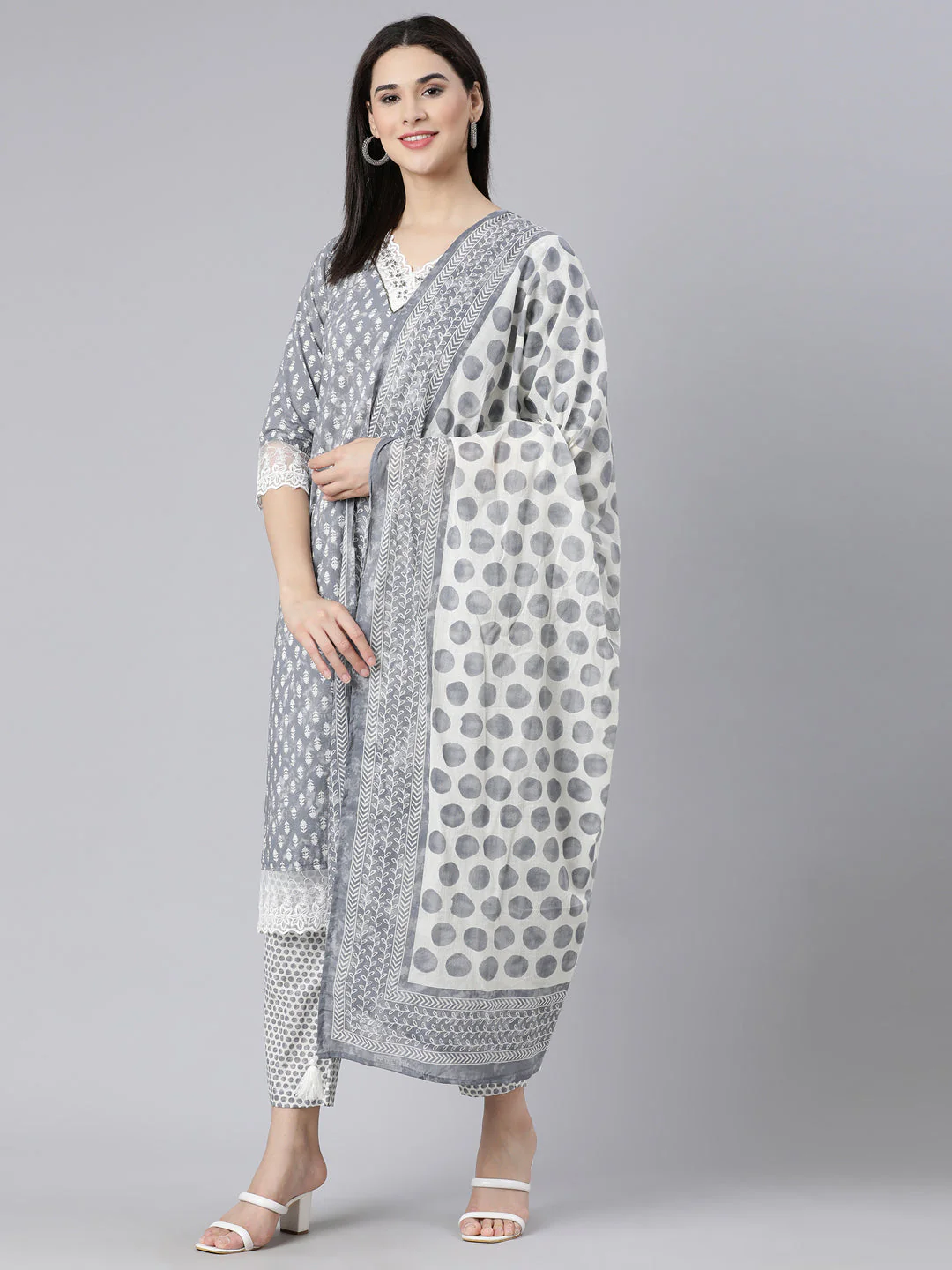Neerus Grey Panelled Straight Printed Kurta And Trousers With Dupatta - Image 6