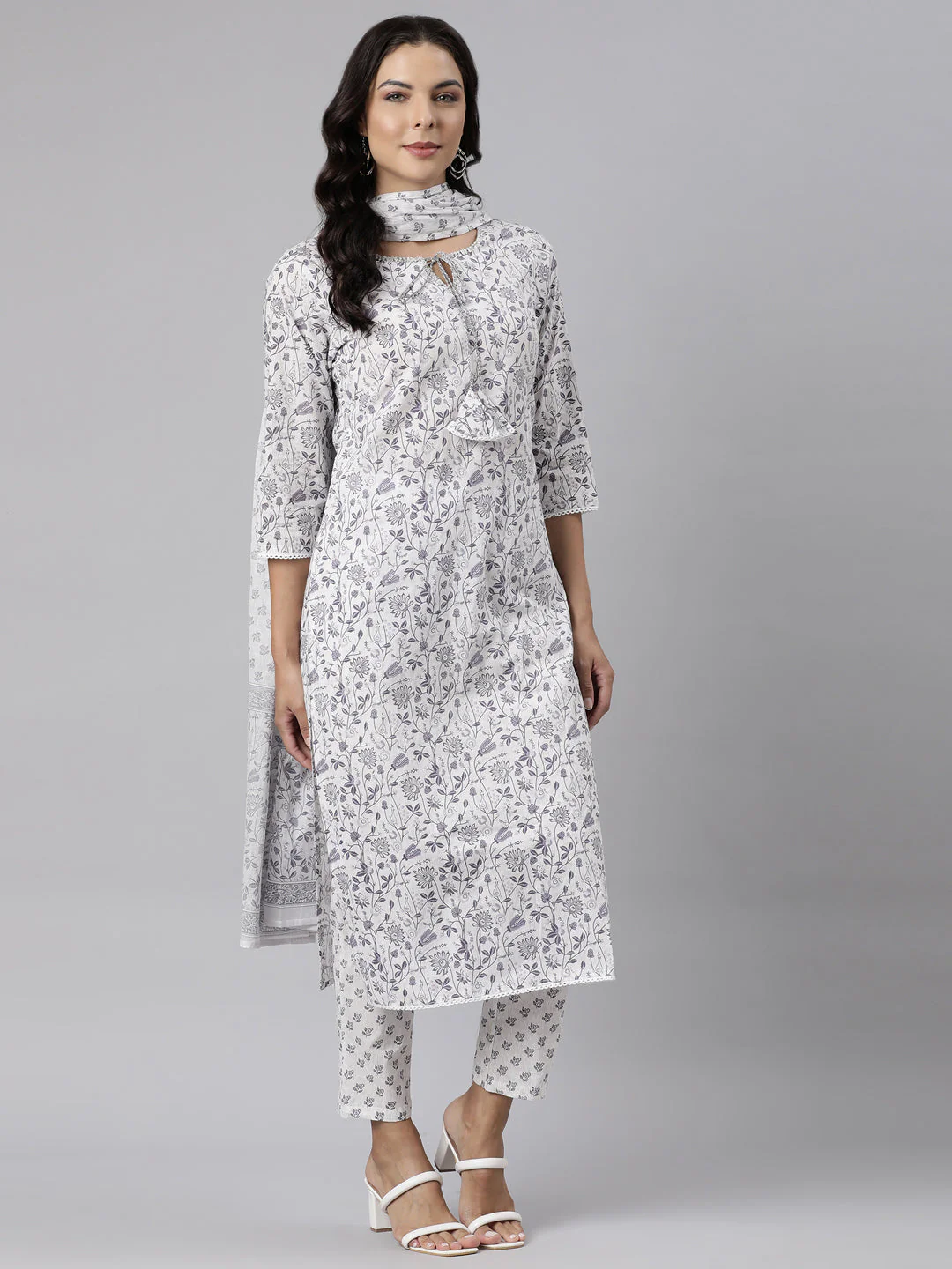 Neerus Grey Panelled Straight Printed Kurta And Trousers With Dupatta - Image 6