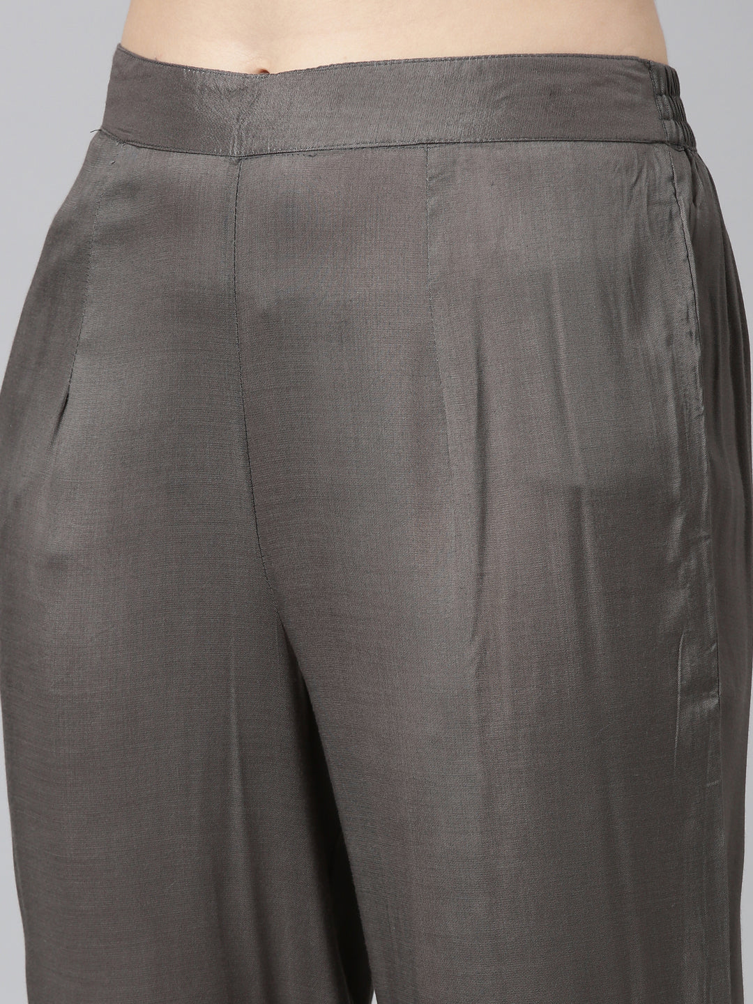Neerus Grey Pleated Straight Printed Kurta And Trousers With Dupatta - Image 6