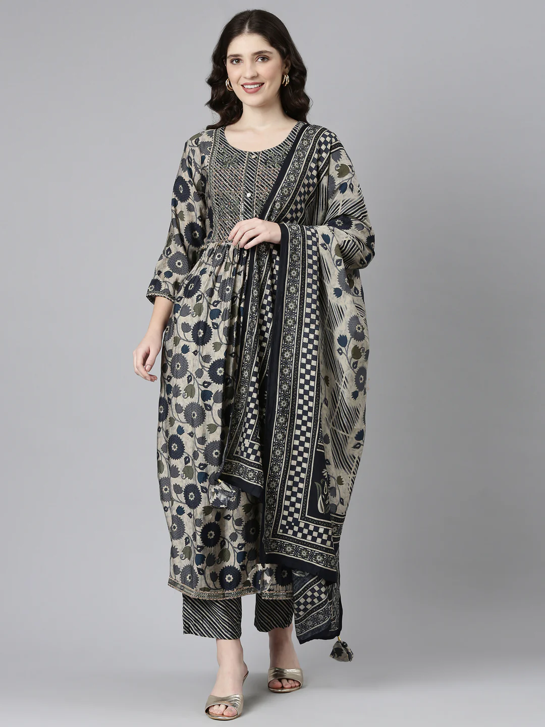 Neerus Grey Pleated Straight Printed Kurta And Trousers With Dupatta