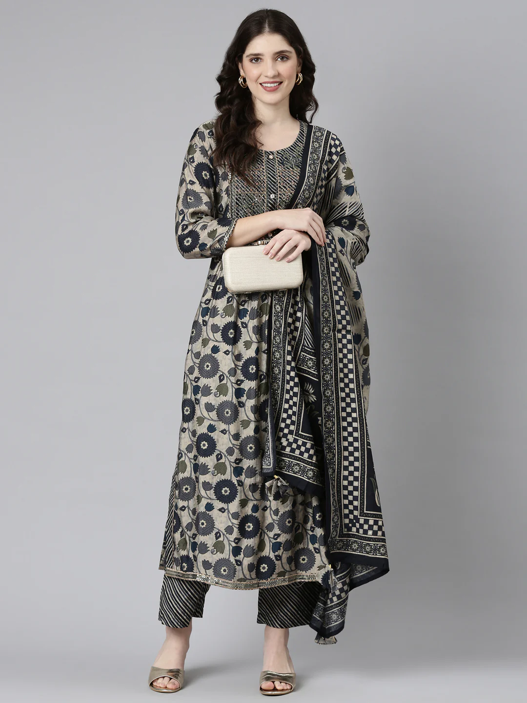 Neerus Grey Pleated Straight Printed Kurta And Trousers With Dupatta - Image 5