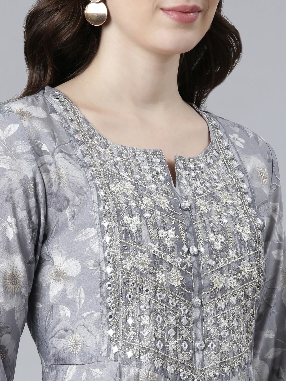 Neerus Grey Pleated Straight Printed Kurta And Trousers With Dupatta - Image 4