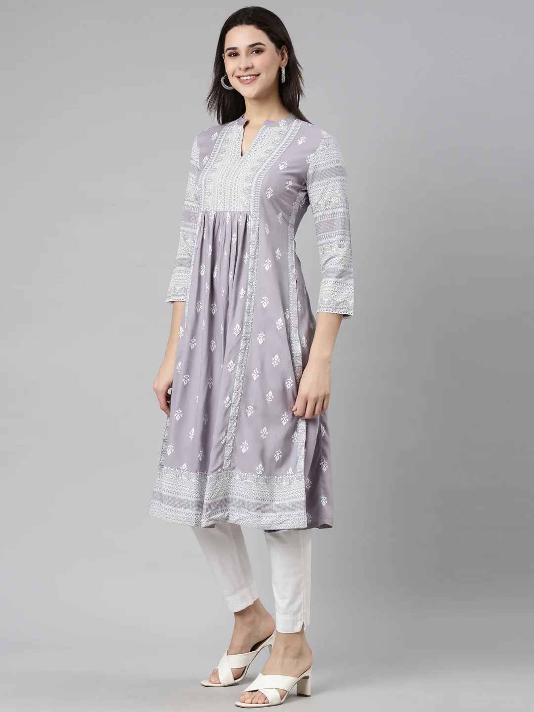 Neerus Grey Pleated Straight Woven Design Kurta - Image 2