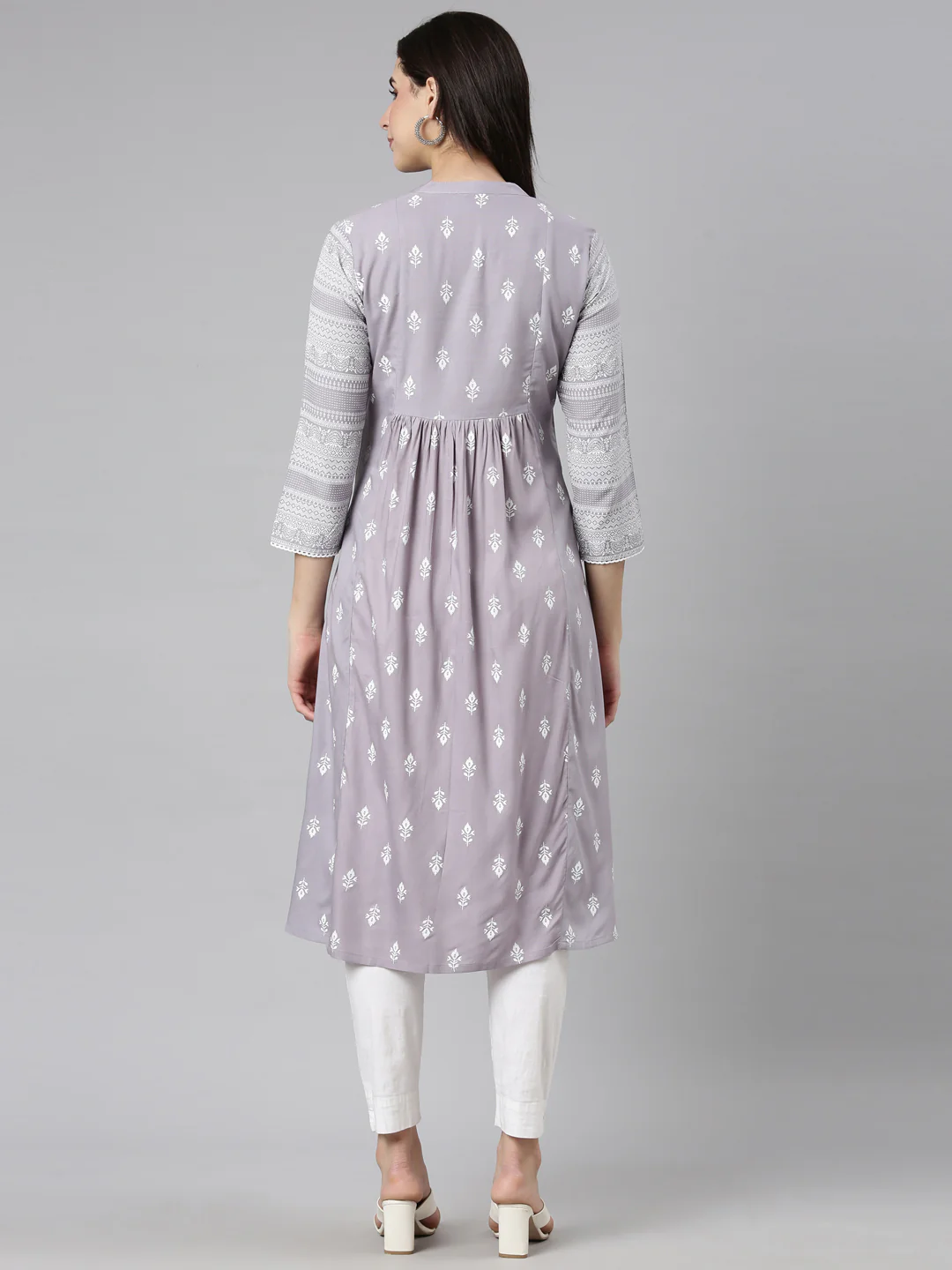 Neerus Grey Pleated Straight Woven Design Kurta - Image 3