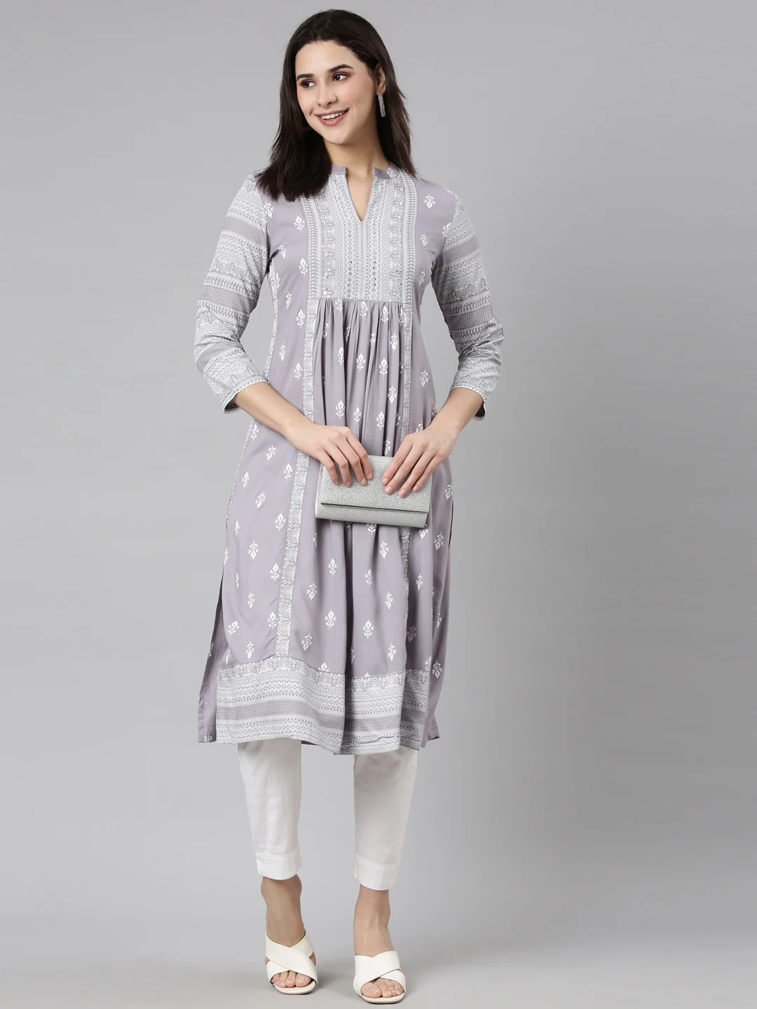 Neerus Grey Pleated Straight Woven Design Kurta - Image 5