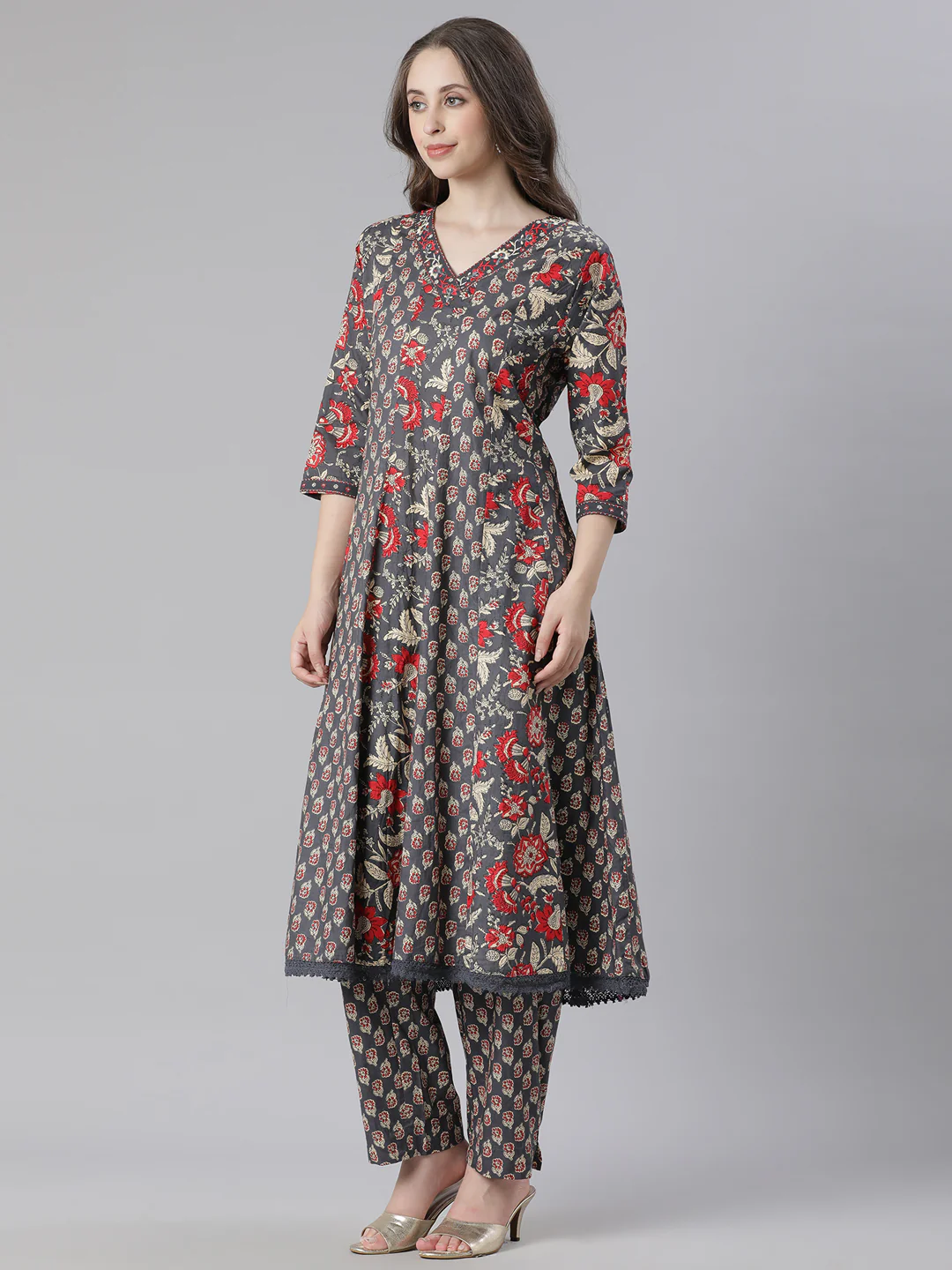Neerus Grey Printed Anarkali Kurta and Trousers With Dupatta - Image 2