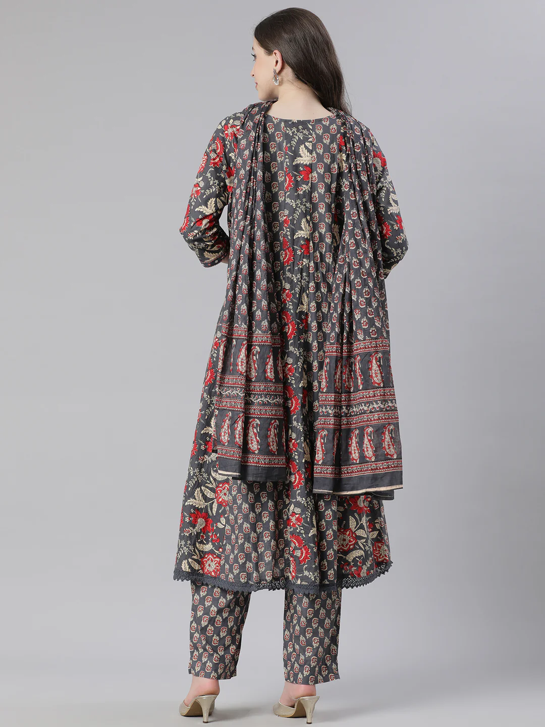 Neerus Grey Printed Anarkali Kurta and Trousers With Dupatta - Image 3