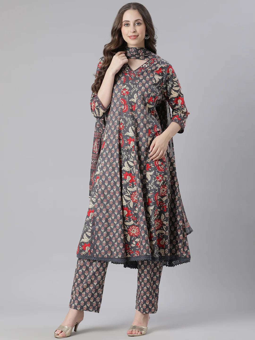 Neerus Grey Printed Anarkali Kurta and Trousers With Dupatta - Image 5