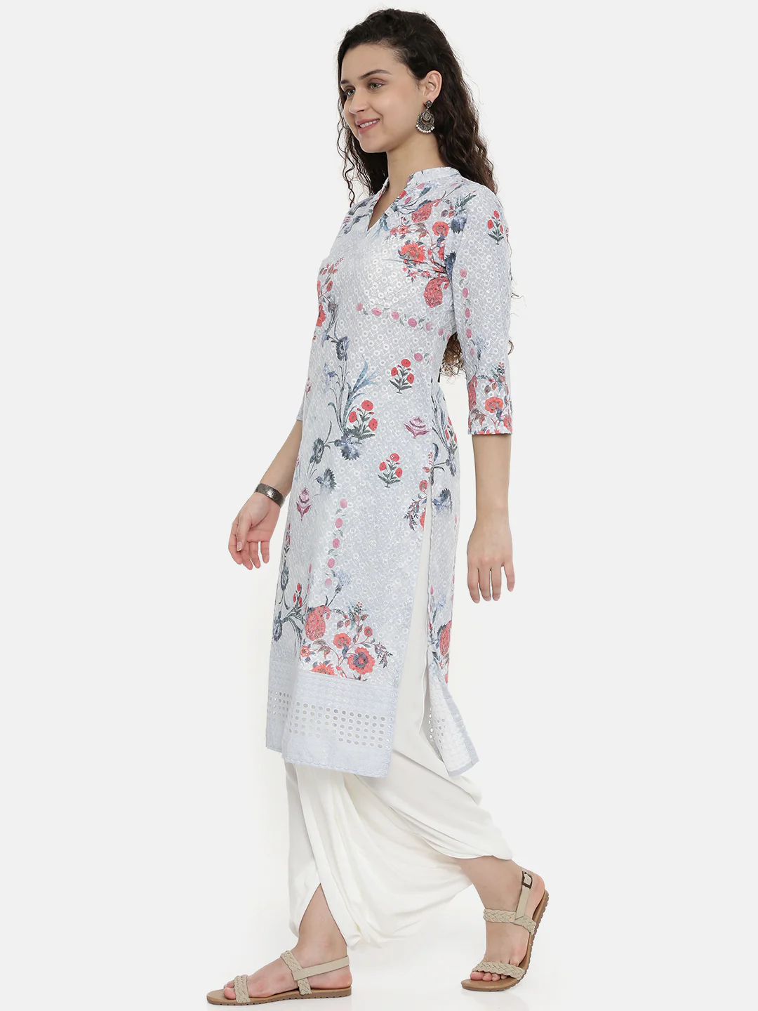 Neerus Grey Printed Straight Kurta - Image 3