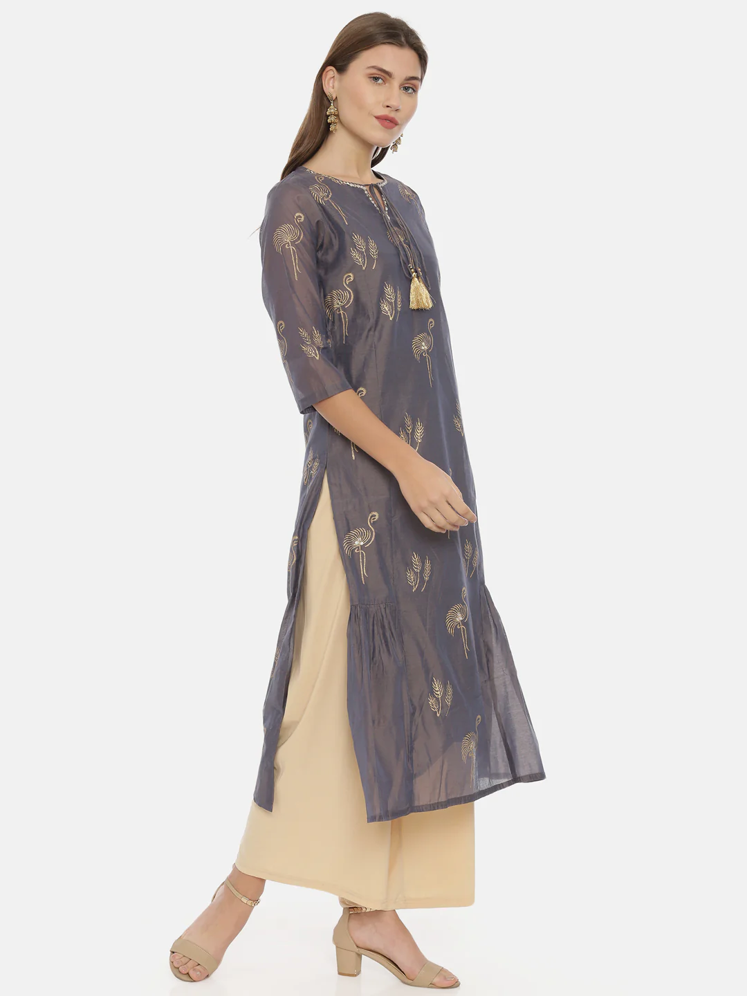 Neerus Grey Printed Straight Kurta - Image 4