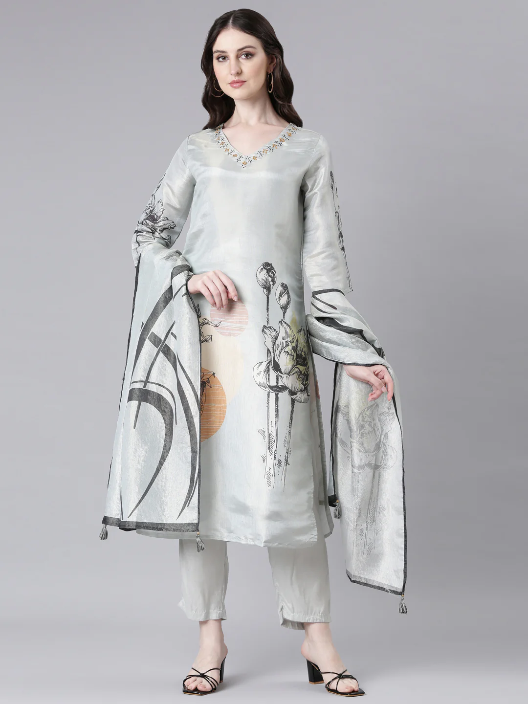 Neerus Grey Printed Straight Kurta and Trousers With Dupatta