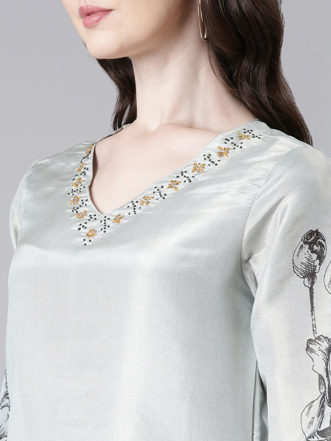 Neerus Grey Printed Straight Kurta and Trousers With Dupatta - Image 4