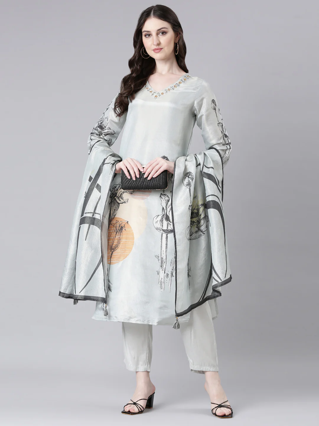 Neerus Grey Printed Straight Kurta and Trousers With Dupatta - Image 5