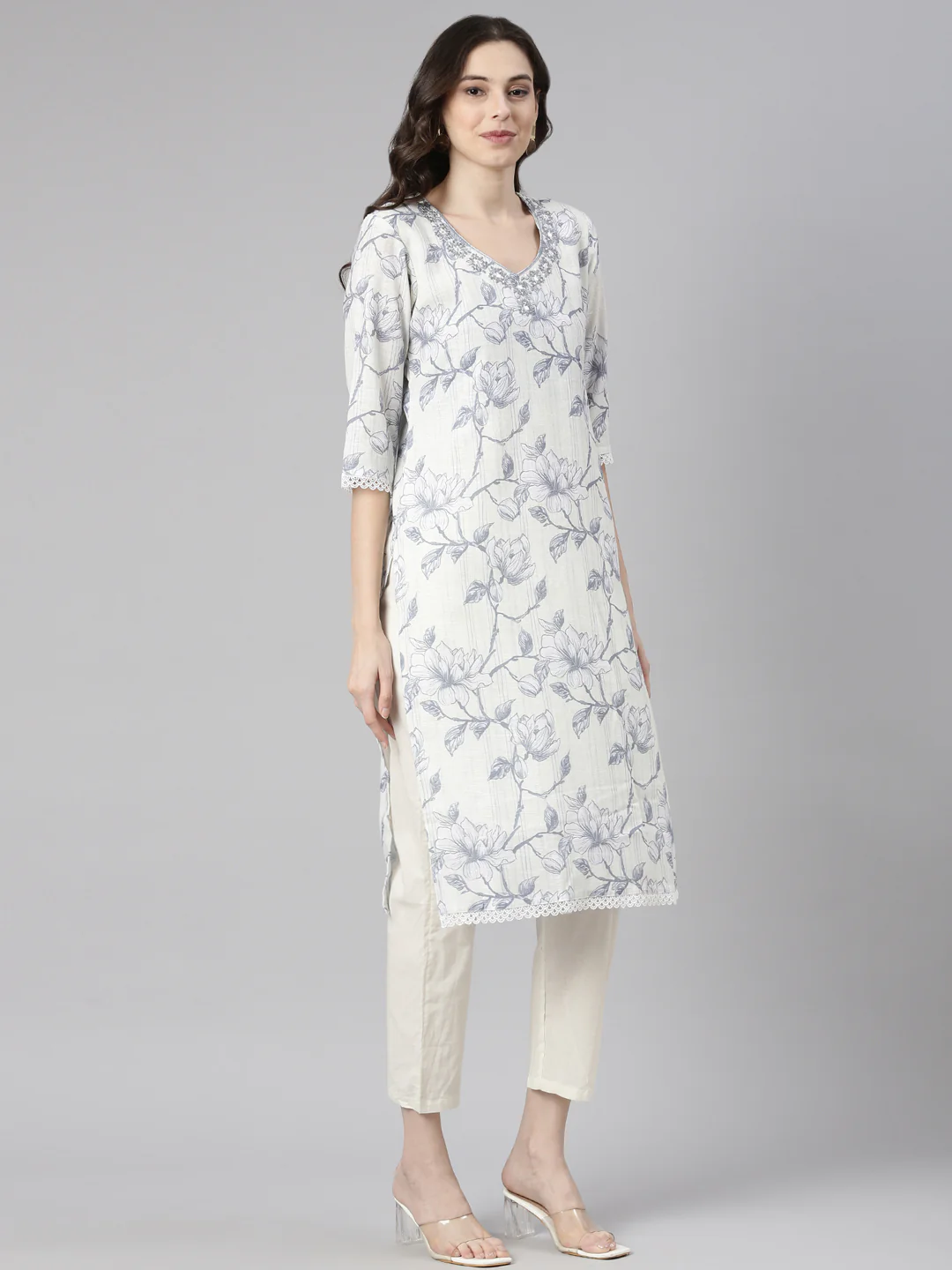 Neerus Grey Printed Straight Kurta and Trousers With Dupatta - Image 3
