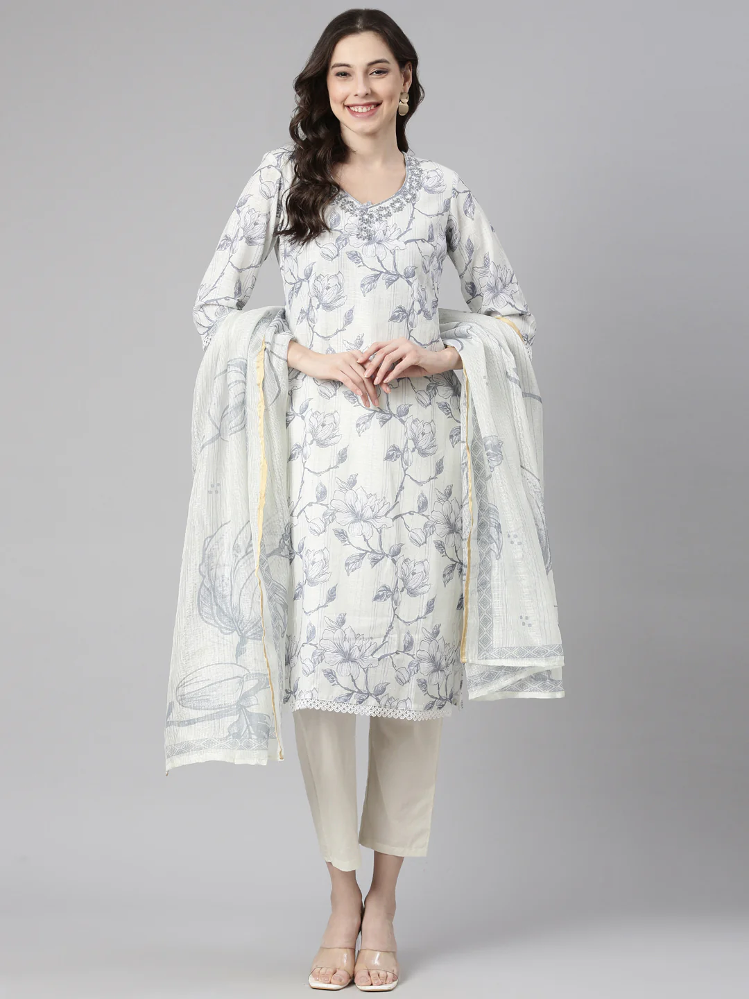 Neerus Grey Printed Straight Kurta and Trousers With Dupatta - Image 5