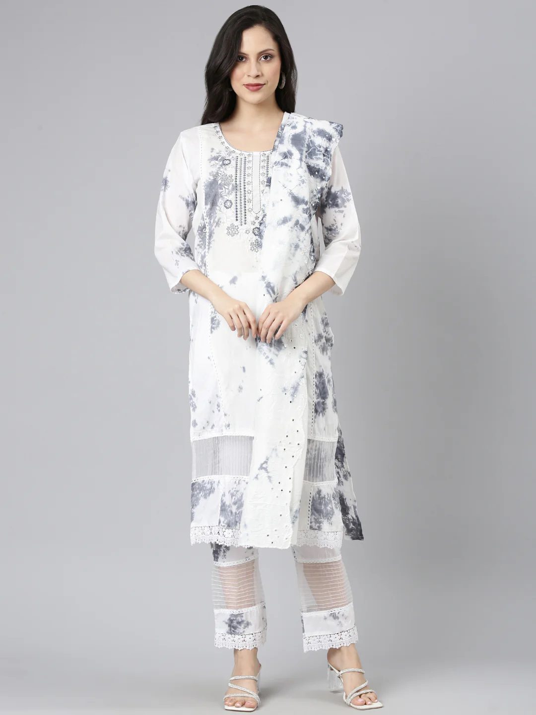 Neerus Grey Printed Straight Kurta and Trousers With Dupatta